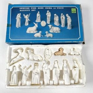 12 Piece Nativity Set White Genuine Fine Bone China Gold Trim 3.5" Figurines Vtg